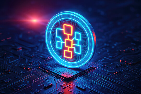 Neon cryptocurrency coin with flowchart symbol on a dark circuit board with red and blue lights blockchain