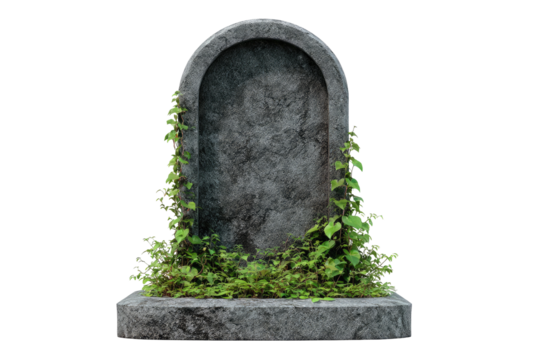 Aged gray tombstone, arched top, overgrown with greenery