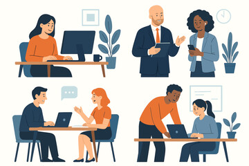 Office scenes vector collection. Diverse business people working, collaborating and communicating. Teamwork concept with characters using computers and talking. Flat corporate illustration set.