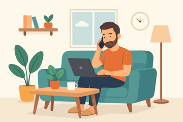 Man working from home, sitting on a couch with a laptop and talking on the phone. Remote work, freelance lifestyle, cozy home office concept. Vector flat design illustration.