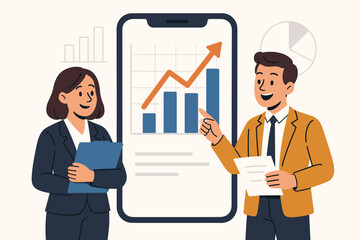 Business people working with charts on a mobile phone. Office characters analyzing financial results with a rising graph. Concept of data analytics, teamwork, success and marketing.
