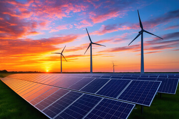 Renewable energy farm with solar panels and wind turbines at sunset image photo