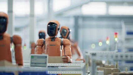 3D Animation: Autonomous AI-Enabled Humanoid Robots Work at Fulfillment Center. Automated Warehouse or Logistics Center with Advanced Robots. Human Like Robots Work in Industrial Environment - Powered by Adobe