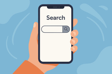 Search bar on mobile phone screen. Hand holding smartphone. Concept for online searching, internet browser, finding information, SEO, user interface and web discovery vector.