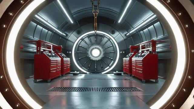 Futuristic industrial chamber interior with circular metallic entrance, advanced machinery, red tool cabinets and illuminated technology design