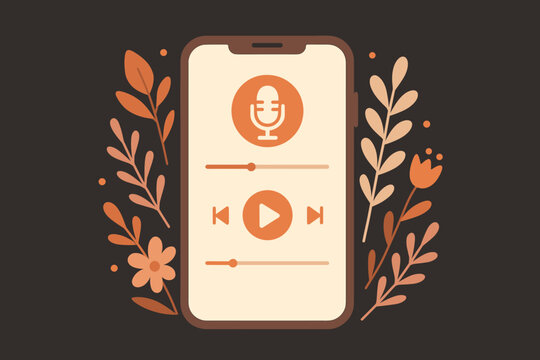 Podcast app on mobile phone screen. Smartphone playing audio, music, or streaming. Player interface with microphone icon and buttons. Decorative floral design vector illustration.