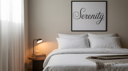 A cozy bedroom with a neatly made bed, soft lighting, and a 'Serenity' wall art creating a peaceful atmosphere