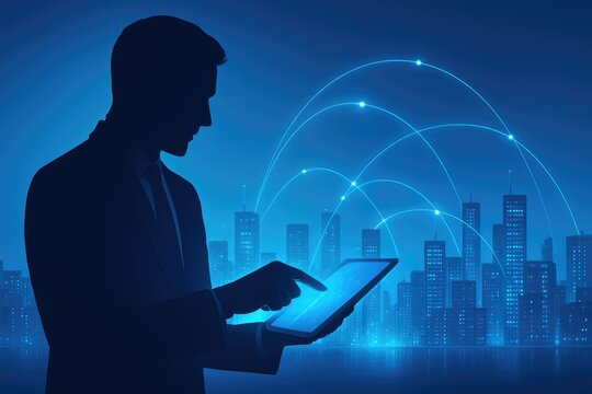 Silhouette of a businessman interacting with a tablet displaying a digital network over a city skyline