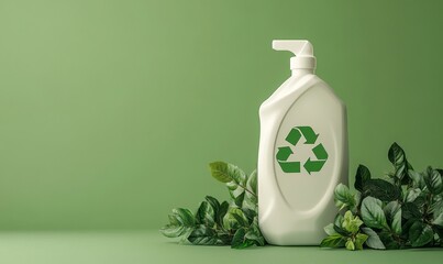 Detergent bottle featuring a prominent recycling symbol, indicating eco-friendly packaging made with biodegradable materials and containing plant-based cleaning agents, Generative AI