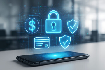 Smartphone projecting glowing digital security and financial icons into the air Keywords: smartphone, technology, security, finance, online, banking, payment, credit card, dollar, shield, lock