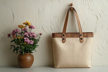 Cream-colored tote bag with tan leather accents and flowers.