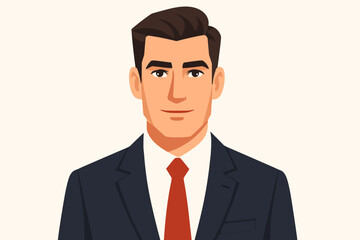 Portrait of a confident young businessman in a suit. Vector illustration of a sharp-dressed professional man. Face and upper body headshot for business concepts. Flat design cartoon avatar.