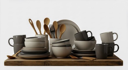 Elegant tableware arrangement with ceramic dishes wooden utensils and modern mugs on rustic wood providing an inviting dining scene