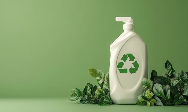 Detergent bottle featuring a prominent recycling symbol, indicating eco-friendly packaging made with biodegradable materials and containing plant-based cleaning agents, Generative AI