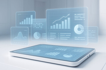 Tablet displaying holographic financial charts and graphs in a light room technology data