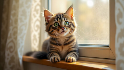 Playful Domestic Short-Haired Cat on a Sunny Windowsill