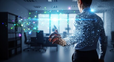 A symbolic illustration of a professional transitioning from a traditional career to the field of artificial intelligence and machine learning showcasing personal growth digital