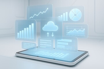 Tablet with holographic cloud computing and financial data visualizations technology charts