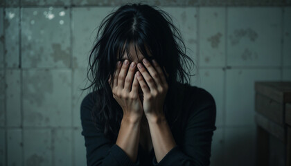 A woman covers her face with her hands in stress and fear in a dimly lit room. Concept of injustice, human rights, emotional concept, violence against women and emotional shock.