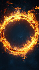 Fiery ring glowing with intense flames on dark background, dynamic energy, dramatic visual, perfect for concepts of power, fire, energy, magic, and action visuals.