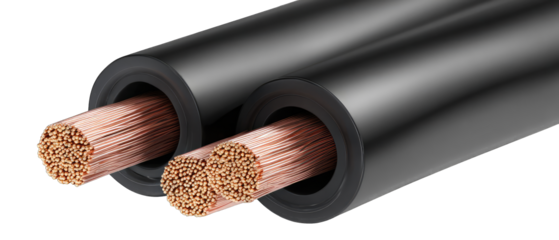 Close-up of two copper wires encased in black insulation