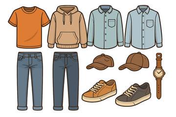 Men's casual clothing and fashion accessories set. Collection of apparel items for stylish outfits. T-shirt, hoodie, jeans, shirt, sneakers, cap, watch. Vector cartoon icons.