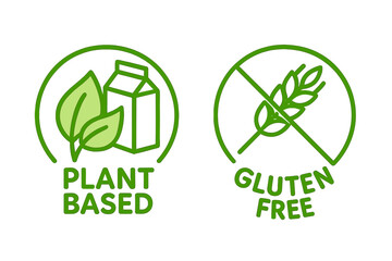 Plant based and gluten free vector icon set. Vegan, healthy food logo symbol. Allergy friendly, dietary product label. Dairy alternative, no wheat sign. Celiac-safe packaging.