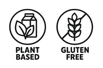Plant based and gluten free icon set. Food packaging label. Vegan, no dairy, lactose free symbol. Healthy diet logo. Organic, vegetarian, celiac safe product sign. Vector.
