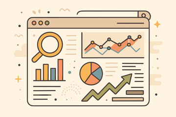 SEO analytics screen with graphs and data. Search engine optimisation statistics report. Digital marketing performance. Business data analysis. Web traffic growth concept. Vector.