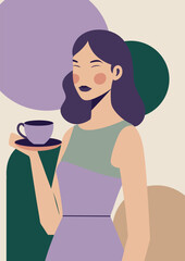 Minimalist illustration of an Asian woman holding a cup and saucer, designed with clean geometric shapes and flat modern style.