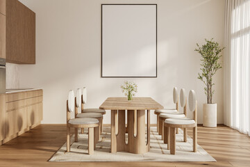 Scandinavian dining room with wooden table, six chairs, vase and large wall picture frame mockup – Front view