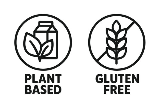 Plant based and gluten free icon set. Food packaging label. Vegan, no dairy, lactose free symbol. Healthy diet logo. Organic, vegetarian, celiac safe product sign. Vector.