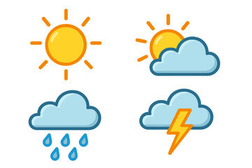 Weather forecast vector icon set. Flat cartoon illustration of various conditions. Sun for sunny, cloud for cloudy, rain for rainy day and lightning for thunderstorm. Meteorology symbols.