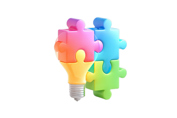 Colorful puzzle pieces forming an illuminated lightbulb