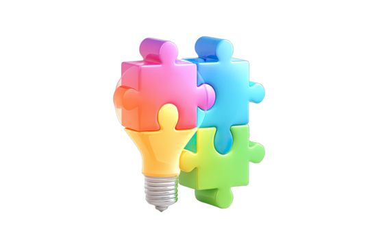 Colorful puzzle pieces forming an illuminated lightbulb