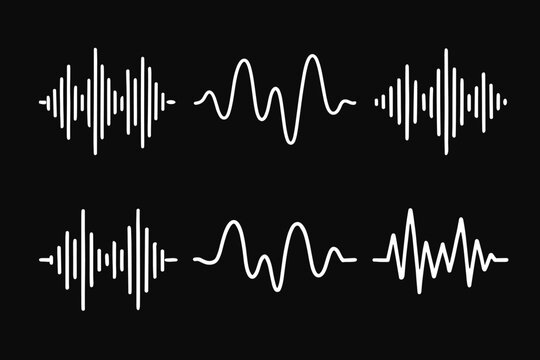 Sound waves and audio waveform elements. Song or music track shapes. Voice signal visualization. Digital soundwave icon set. Music rhythm frequency pulse graphic vector element.