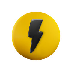 Vector cartoon minimal 3d yellow circle with black flash icon. Realistic render of round badge with lightning, warning symbol, energy sign, caution notification icon for web, app, design, game.