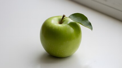 A fresh green apple with a leaf, resting on a smooth white surface, showcasing its vibrant color and natural texture.
