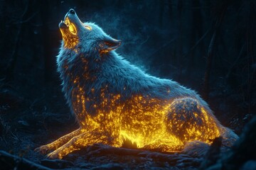Massive glowing wolf howling into the night under a starry sky, surrounded by trees and foliage