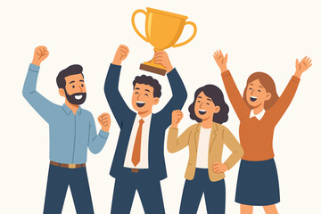 Winning team celebrating success. Businesspeople holding trophy. Happy winners with award. Victory and triumph concept. Teamwork achievement. Cartoon vector illustration.