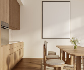 Contemporary dining room with wooden table, upholstered chairs, flower vase and large wall picture frame mockup – Close-up