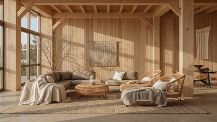 Modern and cozy interior design with natural wood elements and comfortable furniture in a bright spacious room
