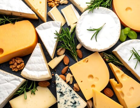 Assorted cheeses arranged on a dark surface
