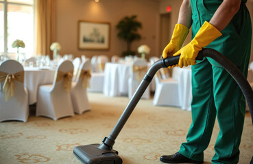 Janitorial staff vacuums carpet in banquet hall with tables set for event. Maintaining pristine interior, daytime cleaning service for upscale hospitality business ensuring quality appearance,