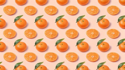 Seamless Pattern of Fresh Tangerines and Slices on Pink Background