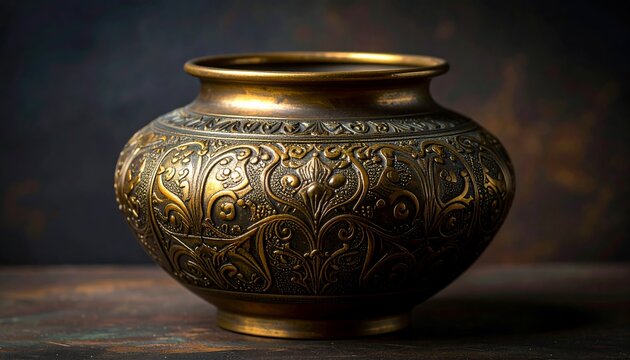 A detailed close-up of a decorative brass vase, showcasing intricate, ornate carvings.