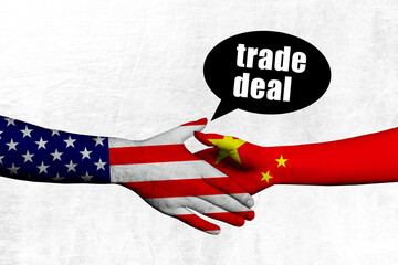 Full 3d artwork trend collage of human handshake gesture america china trade war deal agreement...