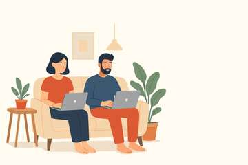 Couple working from home on laptops sitting on the couch. Remote work, freelance lifestyle concept. Man and woman coworkers in a cozy home office. Flat vector illustration.
