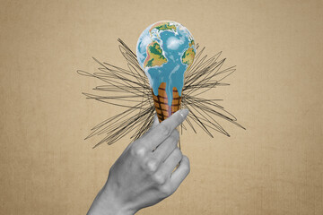 Image full poster art collage of human hand hold ice-cream imitation earth melt global warming...