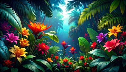 Naklejka premium Vibrant tropical flowers and lush foliage in a dense jungle.